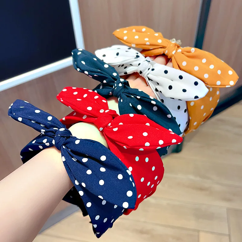 Solid Color Polka Dot Children's Bow Elegant Temperament Wide Headband Fashionable Girl Makeup Korean Headband Hair Accessories view 6