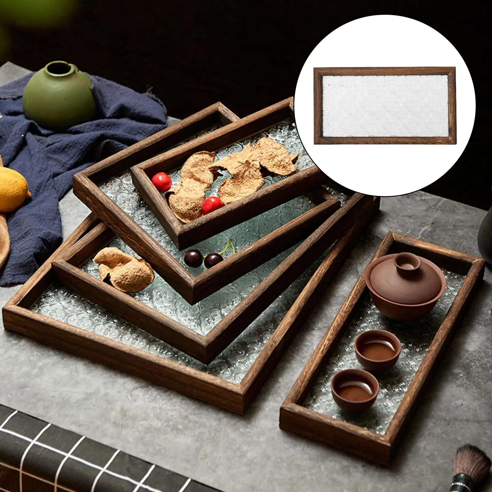 Japanese Style Serving Tray Dishes Coffee Table Centerpiece Begonia Carved Glass Tray for Jewelry Snacks Nuts Earrings Perfume