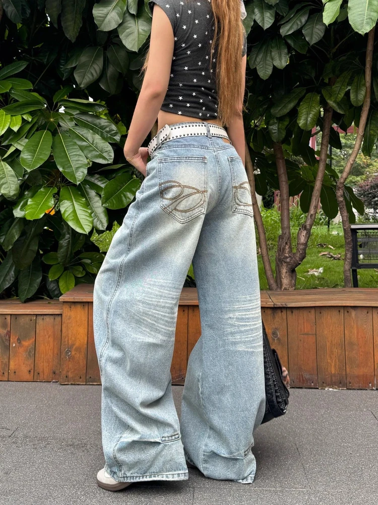 

HOUZHOU Vintage Y2k Embroidery Jeans Women Blue High Waist Straight Baggy Denim Trousers American Retro Street Wide Leg Jeans