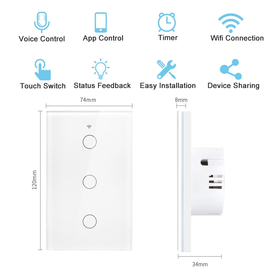 Tuya WiFi Smart Switch US Standard Touch Switch 433Mhz Wireless Remote Voice Control Alexa Google Home No Neutral Wire Required