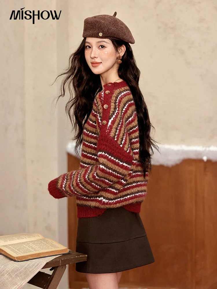 MISHOW Christmas Retro Striped Wool Blend Sweater Women Button Decoration Women Clothing Thick O-Neck Knitted Tops MXD59Z1060