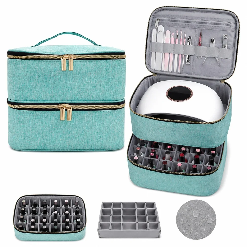 1pc Light Green Double Layer Nail Polish Organizer Case With Adjustable Dividers For UV Lamp Manicure Tools Storage Bag