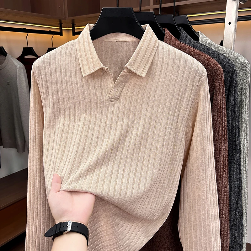 Herren-Pullover mit Polokragen und V-Ausschnitt, Strickpullover mit vertikaler Rippstruktur, langärmelig, weich, dehnbar, schmal geschnitten, Winter, Freizeit, Business, Herrenoberteile – Detail 6