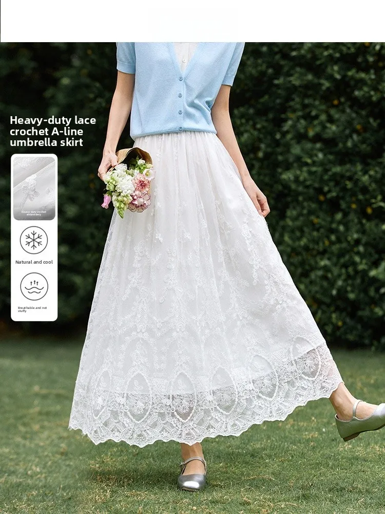

High Waist Hollow out Lace f Skirt Women's Spring Summer New Sle Ele Long Skirt Sweet Sle Midi Skirt by Vimly