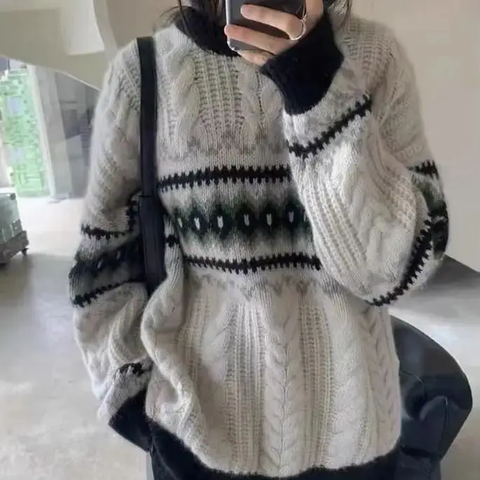 

Korean Retro Twist Lazy Round Neck Sweater Women Vintage New Loose Knitted Jumper Casual Lazy Wind O Neck All Match Tops