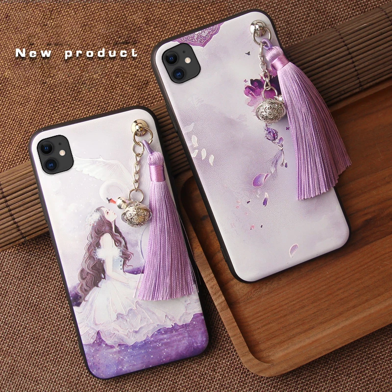 3D Relief Case for iPhone 13 12 11 Pro Max Mini XS XR X 7 8 6S Plus SE 2020 Case Emboss Tassel Bell Anti-knock Soft Cover Shell