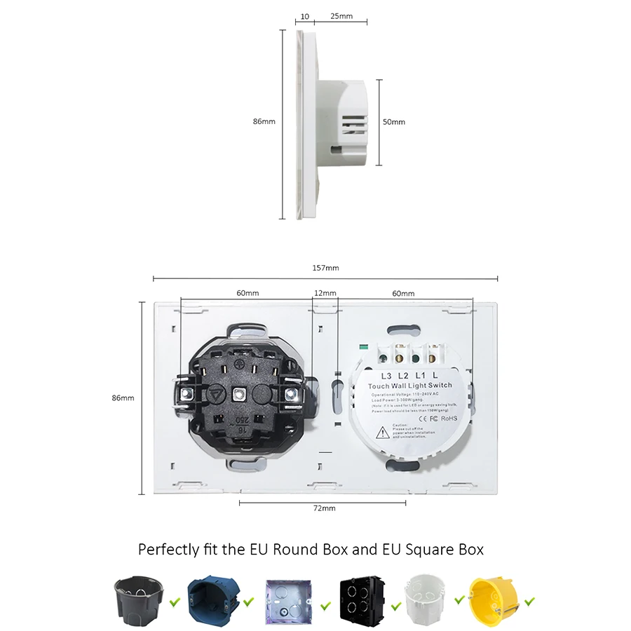 1 2 3 Gang EU Touch Wall Switch and Socket Wallpad Black Glass Backlight Led Switches Interruptor Tomada with USB Outlet Eu Box