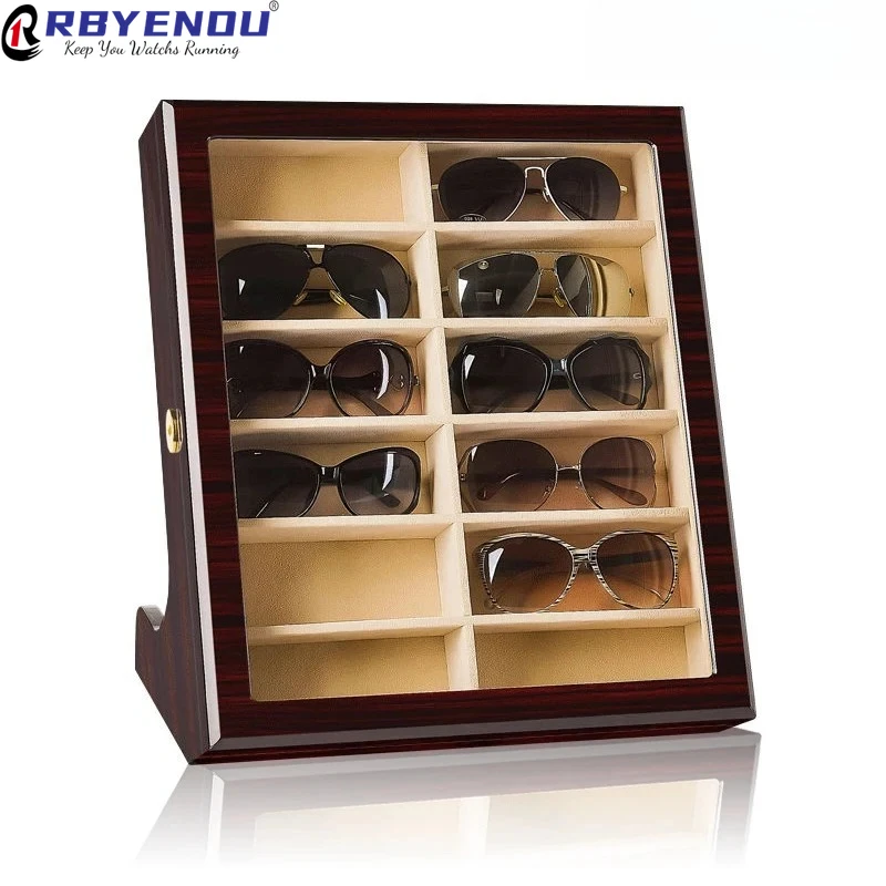 

Free Customizable Logo Luxury 12 Slots Spectacles Sunglasses Collection Case Box Wooden Glass Business Storage Display with Lock