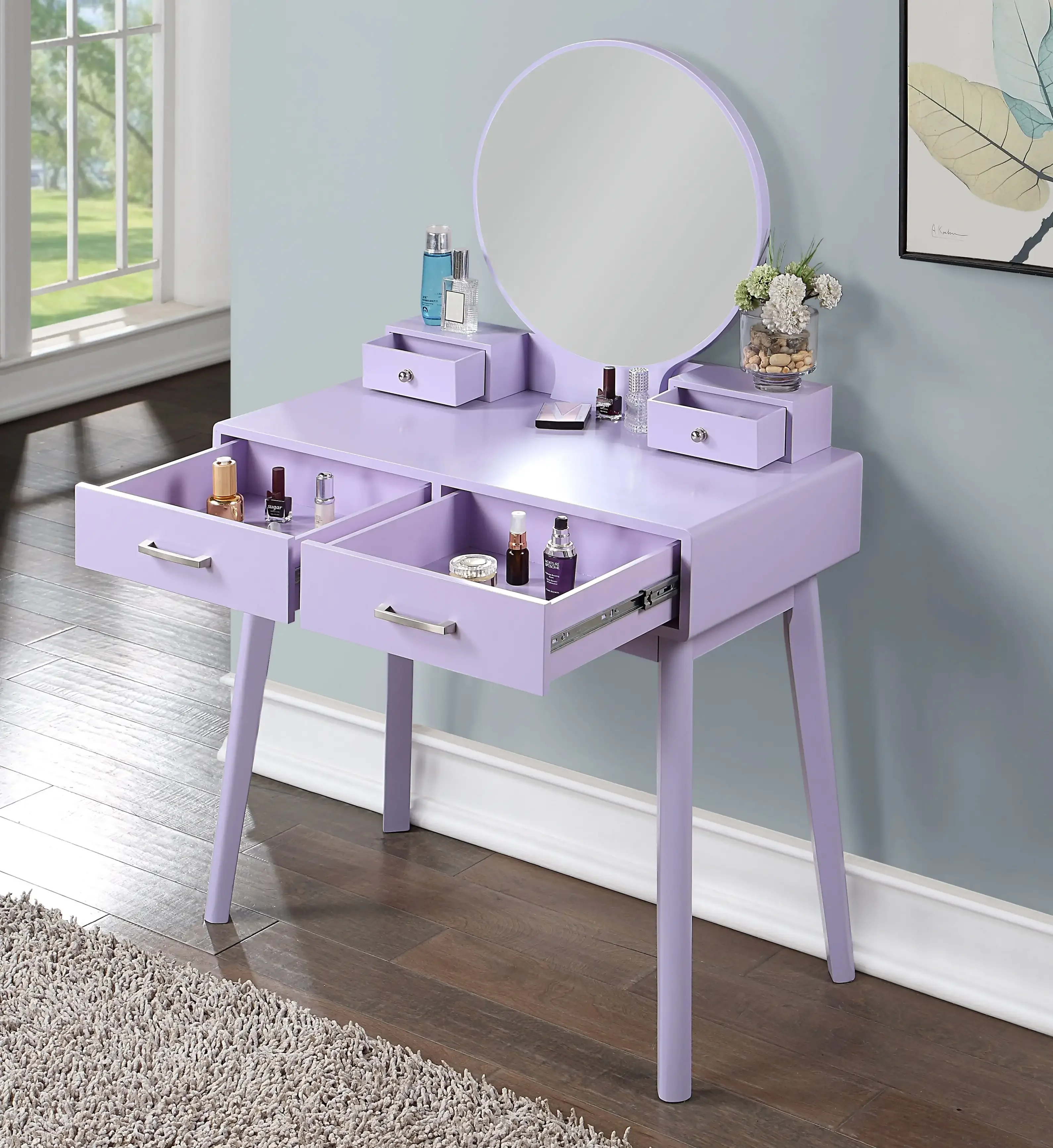 Contemporary Wood Vanity and Stool Set Purple The Simple Modern Style Fits A Variety of Room Decors