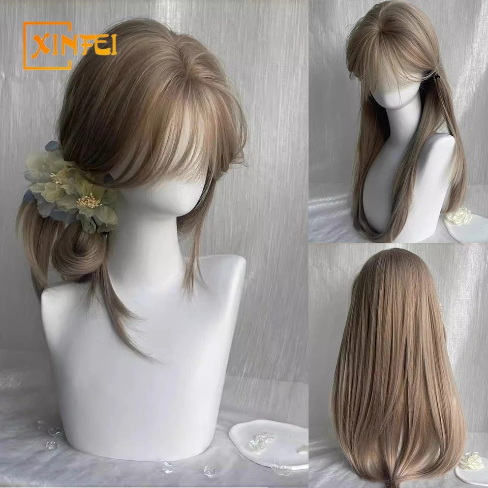 

Synthetic Wig Middle Part Long Curly Hair With Bangs Synthetic Fluffy Lolita Cosplay Women Wig Heat Resistant for Daily Party