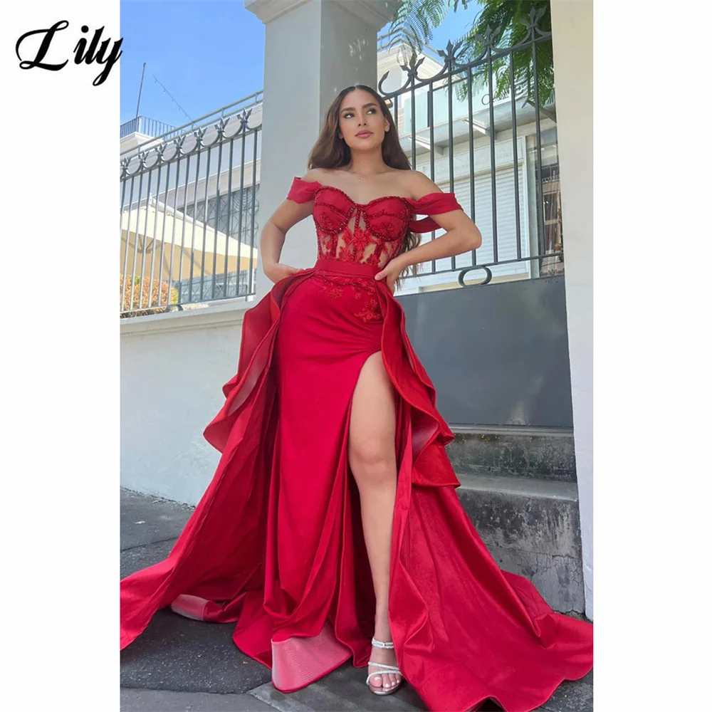 Lily Red Evening Dress Off The Shoulder Flowers Prom Dress Sweetheart Satin Party Dress With Beaded Laced Bodice Robe De Soirée