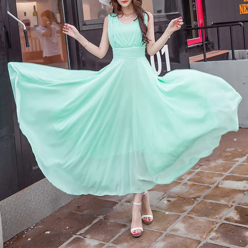 Office Lady V-neck Sleeveless Solid Empire Wave Cut Fashion A-LINE Slender Summer Dress Women 2022 Chiffon Thin Women Clothing