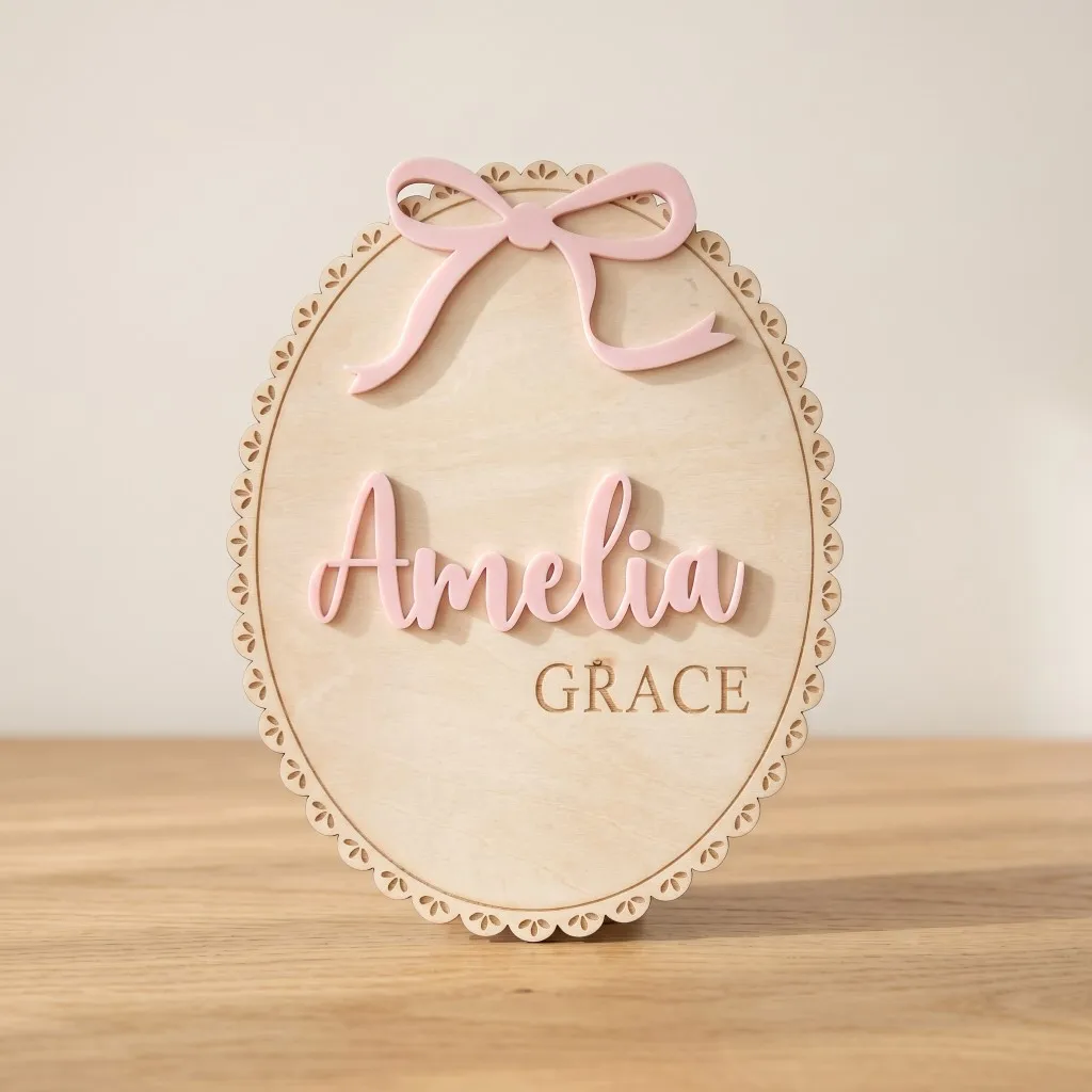 1Pc Custom Bow Lace Edge Baby Wooden Name Plaque,Home Kids Room Nursery Bedroom Wall Nursery Decor,DIY Paintable,Birthday Gift view 4