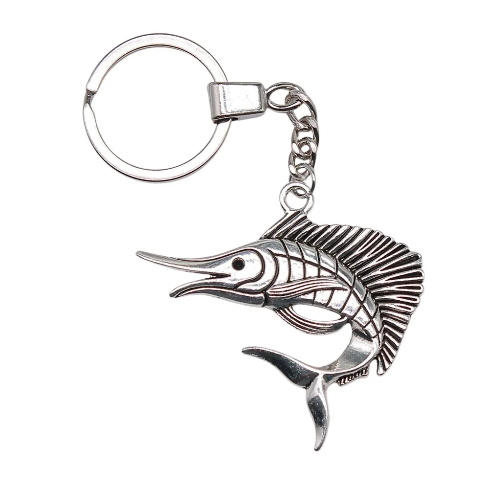 Men Jewelry Gift Vintage Antique Silver Color 55x40mm Swordfish Pendants Keychain Keyring Holder