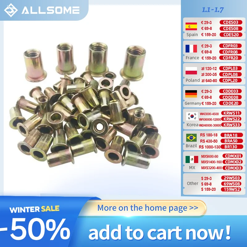 ALLSOME 300pcs M3 M4 M5 M6 M8 M10 Head Rivet Nuts Set Nuts Insert Reveting Multi Size Rivet Nuts Collocation with BOX HT2599