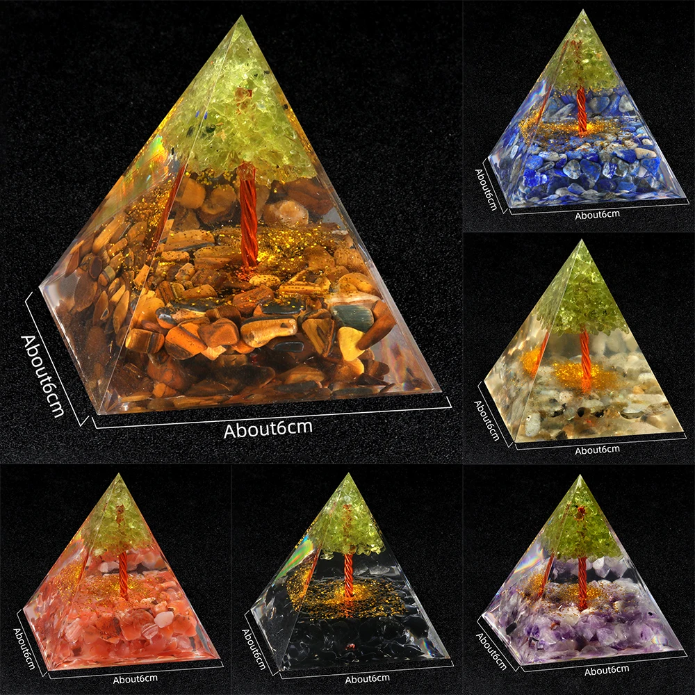 Crystal Life Tree Pyramid Natural Crushed Stone Tiger Eye Stone Dropping Resin Home and Office Desktop Decoration Crafts 6x6cm