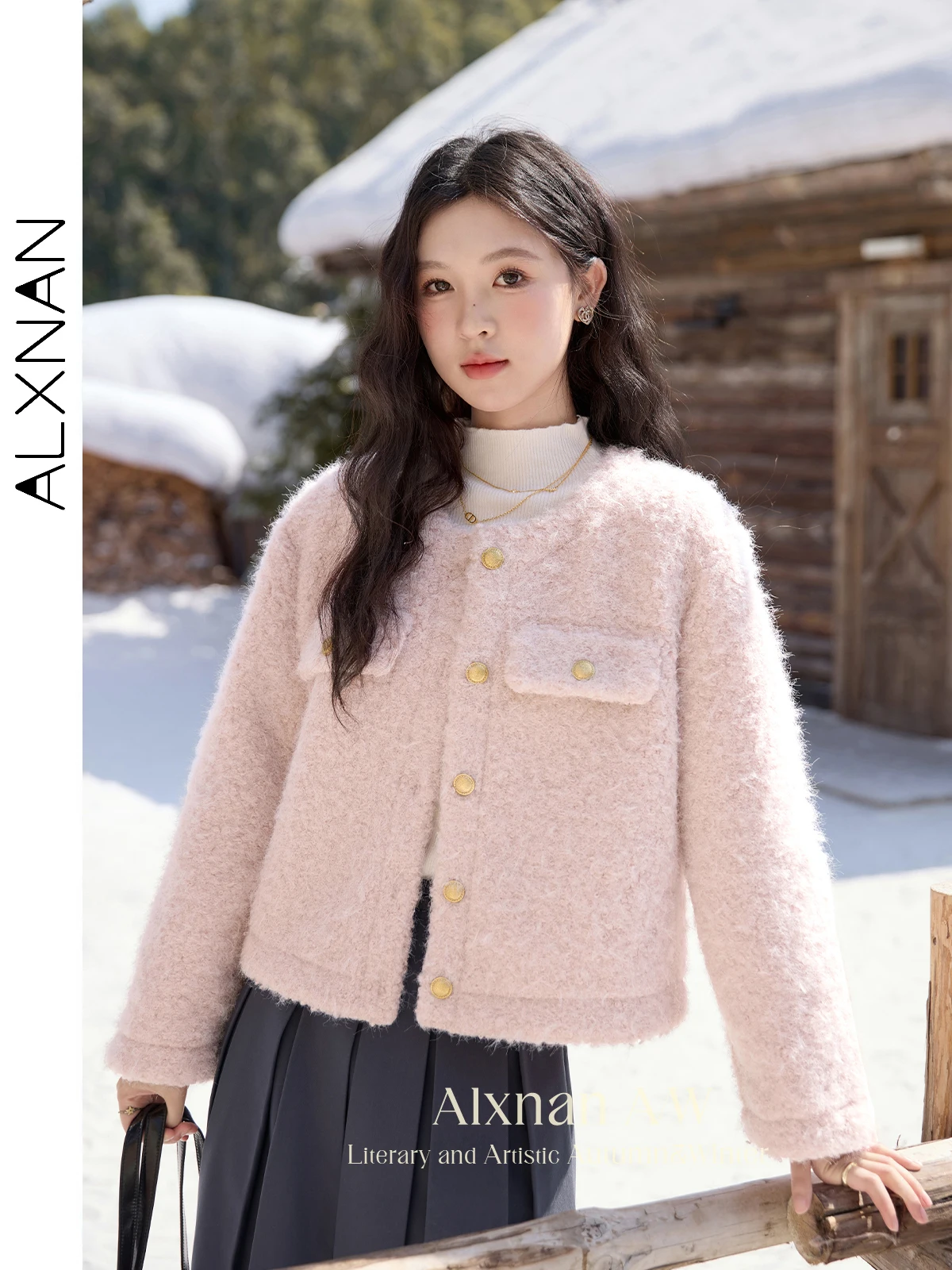 ALXNAN Kurze Mäntel Wolle Verdickte Metall Knopf Oansatz Winter Jacke Lange Hülse Lose-fit Sanfte Eleganz Dame Oberbekleidung L52382