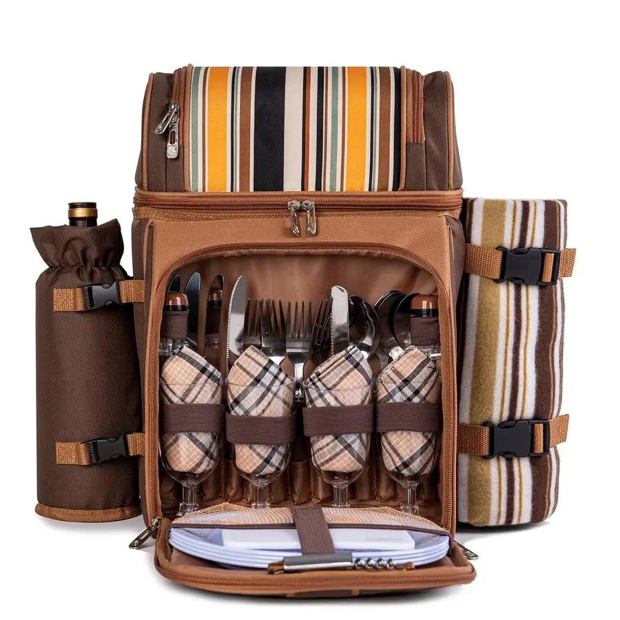 

Рюкзак-холодильник для корзины для пикника на 4 человека с 2 изолированными сумками-холодильниками, съемным держателем для вина для бутылок, флисовым одеялом, тарелками и