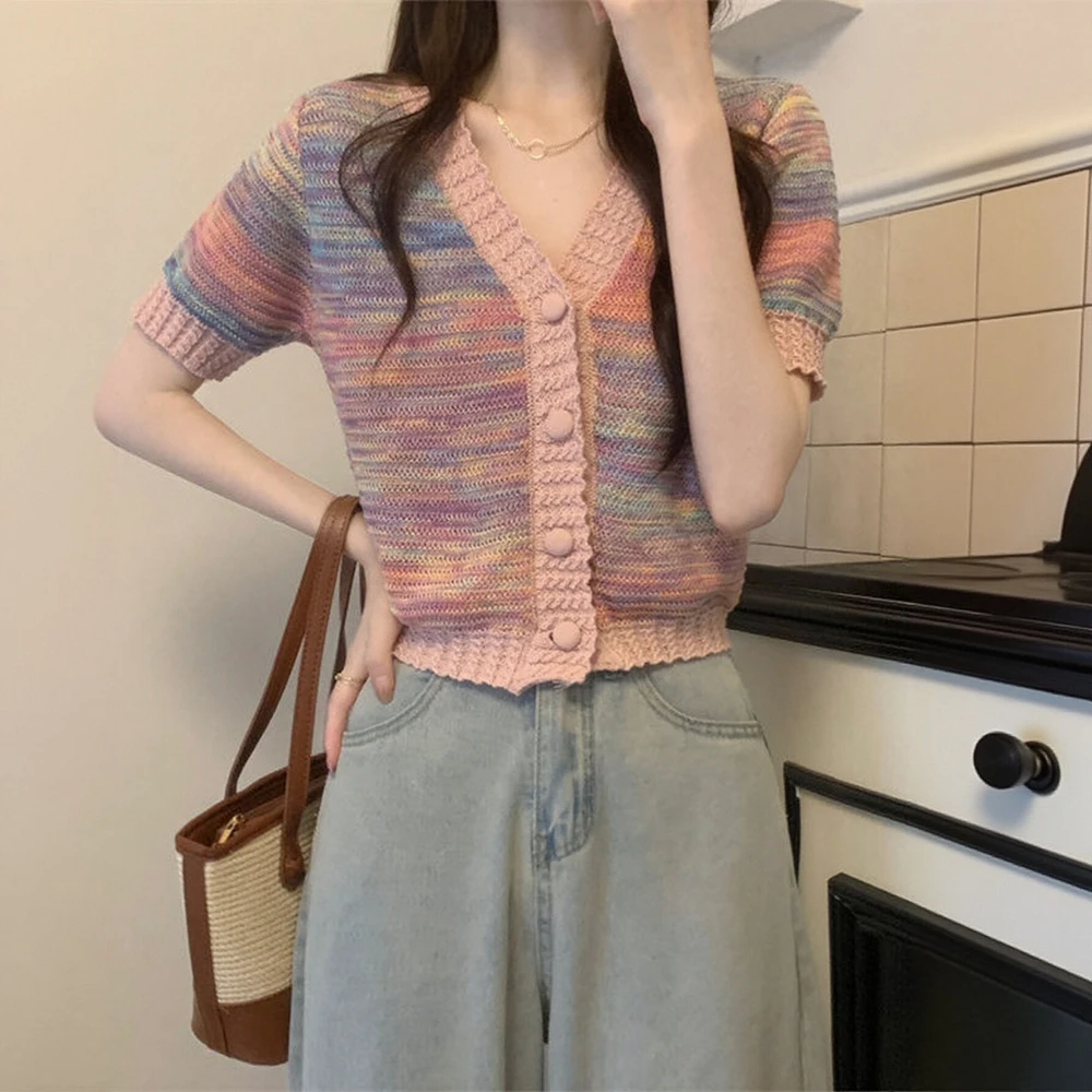 

Women's Autumn Cardigan Simple Korean Style Long Sleeve Open Front Daily Wear with Contrast Color Buttons