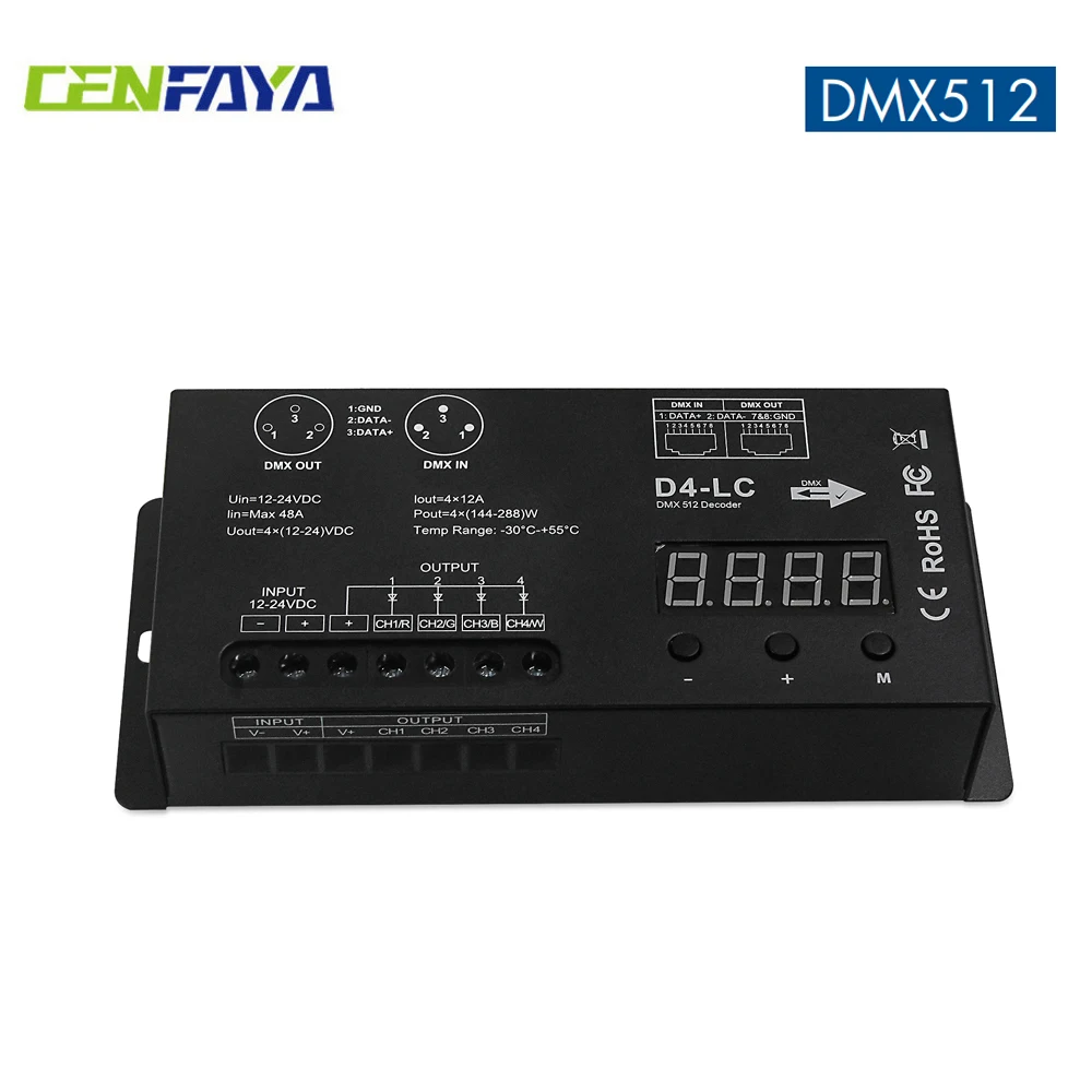 CENFAYA High Power DMX LED Controller 4CH 12A/CH DMX 512 Decoder Dimmer Driver DC12V-24V MAX 1152W for LED RGBW Strip or Light
