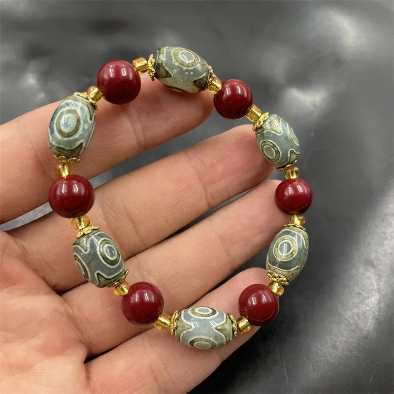Green three-eye dzi agate exquisite jewelry small bracelet