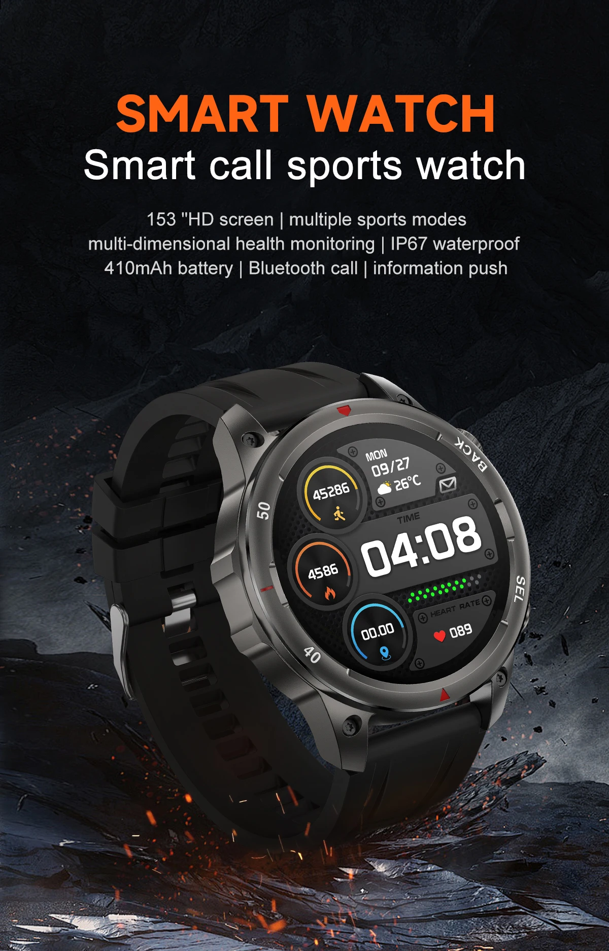 2024 New Men's Bluetooth Call Smart Watch Outdoor 410mAh Large Battery with Flashlight Fitness Waterproof Men's Smart Watch IOS