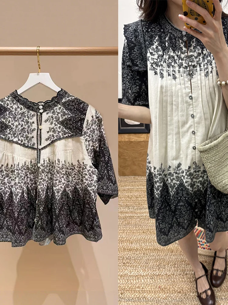 

Elegant Black White Color Block round Neck Loose Women's Dress Shirt French Style Cotton Printed Casual H-Line Skirt