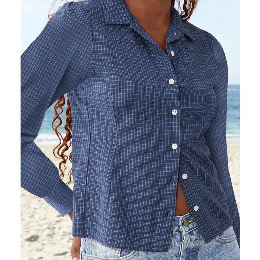 Camicie a maniche lunghe con stampa scozzese rossa Donna Bottoni autunnali Colletto rovesciato Slim Casual Preppy Top Camicette basic Camicie Streetwear