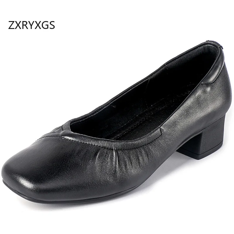 

ZXRYXGS 2025 Temperament Elegant Women Genuine Leather Shoes Thick Mid Heels Large Size Square Toe Office Work Banquet Shoes New