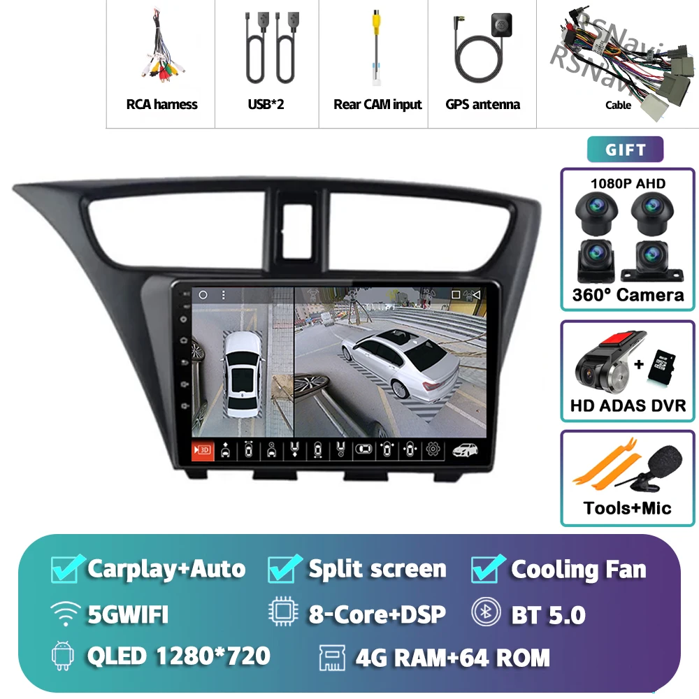 Android 15 Carplay Auto Voor Honda Civic Hatchback 2012 2013 2014 2015 2016 2017 Multimedia Autoradio Speler WIFI + 4G DSP Stereo