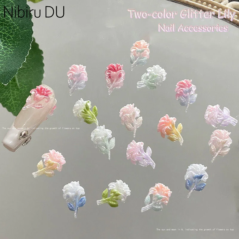 

50pcs Summer New Two Tone Fine Sparkling Lily Flower Resin Nail Art Accessories Night Light Glitter Decorations for Fingernails
