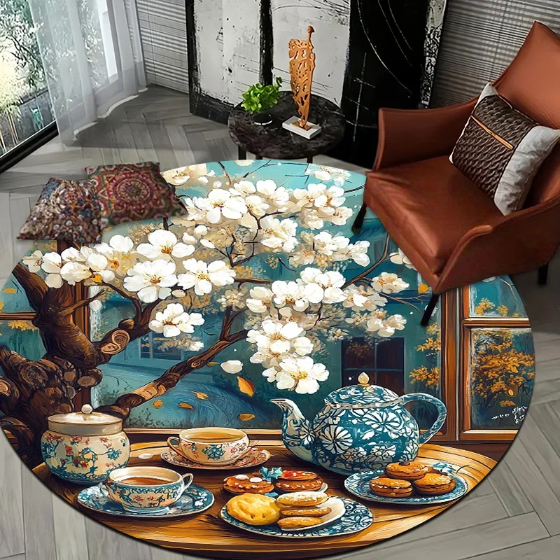 Retro tea sets in floral style Flannel-printed round floor mats are slip-resistant Suitable living room terrace garden carpets