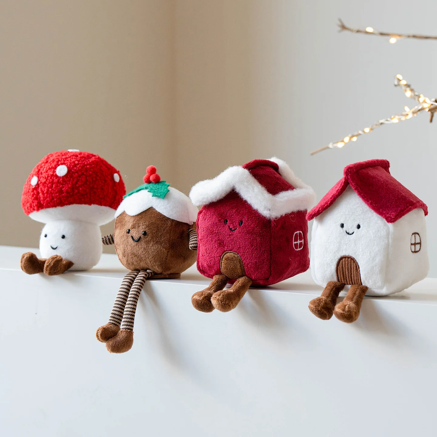 2pcs Cute Plush Christmas Ornaments Dangle Legs House Mushroom Envelope Pudding Hanging Doll Xmas Tree Shelf Sitter Decor