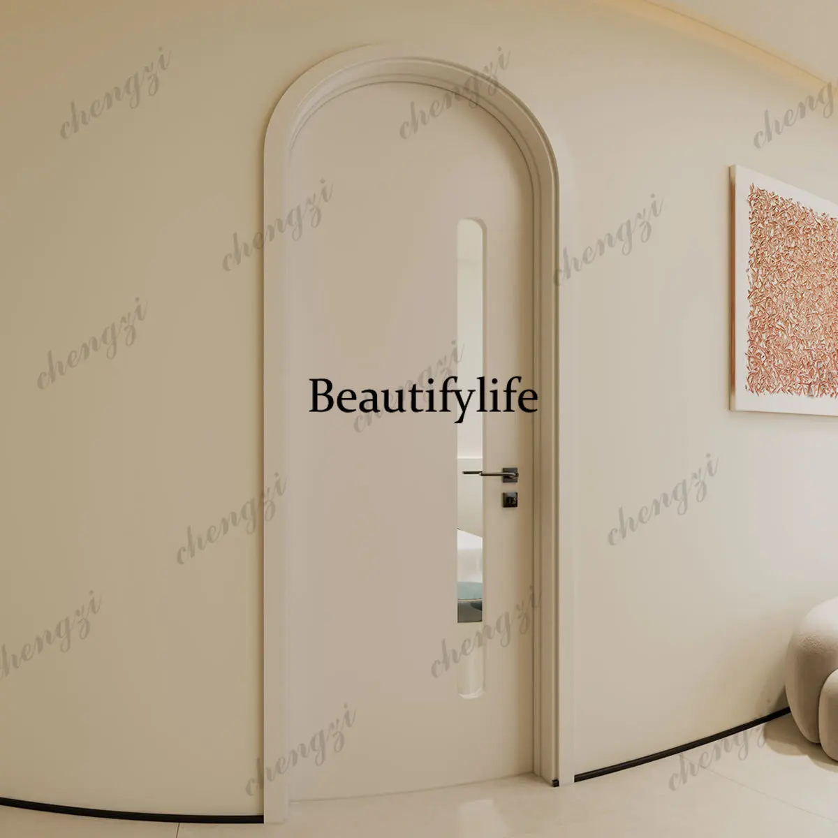 Customization Modern Single Arched Solid Wood Door, Creamy Vintage French-style Door For Villas, Apartments, And Hotel Interiors