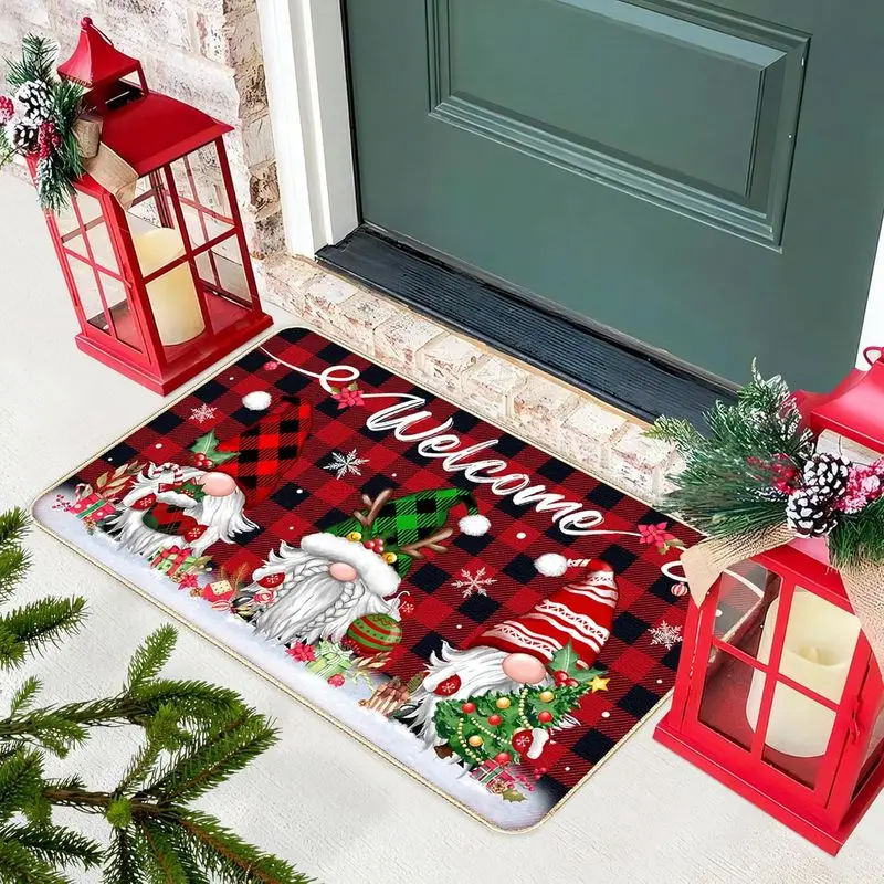 VIKAMA Welcome Christmas Gnome Doormat Durable Plaid Dwarf Snowflake Print Non Slip Mat For Front Door Porch Xmas Home Decor