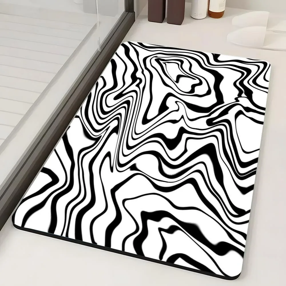 Black White Zebra Fluid Diatomite Super Absorbent Bathroom Floor Mat Anti Slip Quick Dry Shower Toilet Rug Doormat Washable