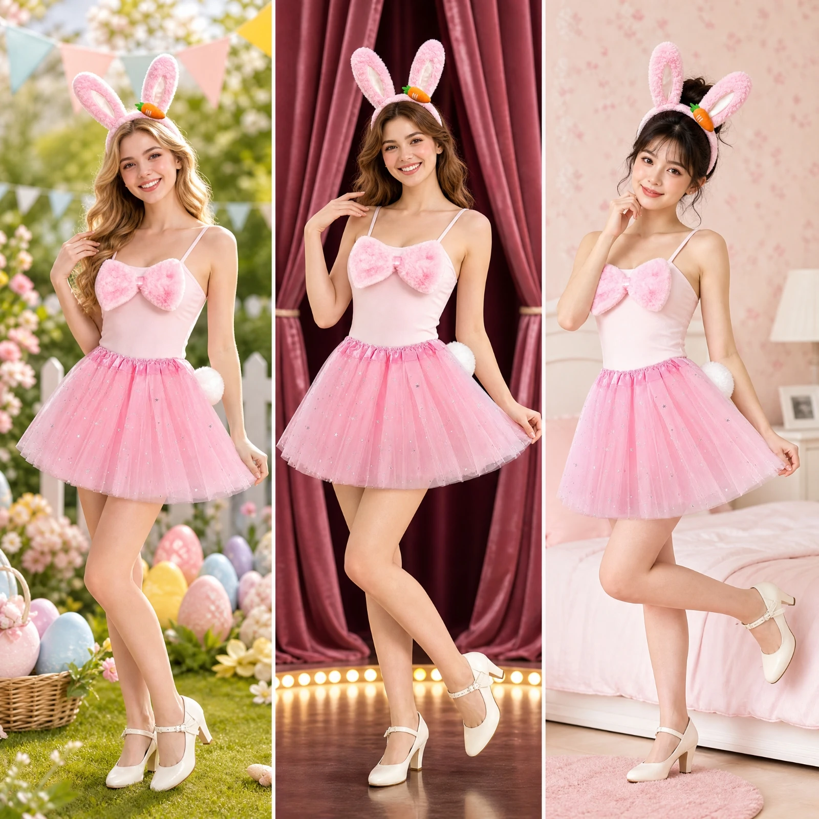 Rabbit Costume with Ears Headband Soft Bunny Costume with Tutu Bunny Dress-up Set with Tulle Skirt Fuzzy Tulle Tutu Reusable
