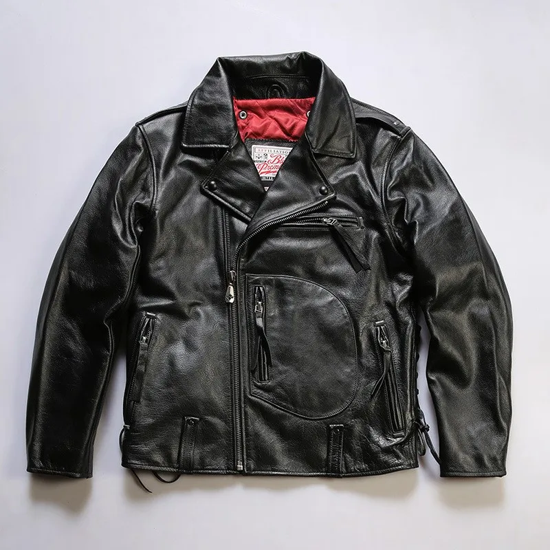 New lapel slanted zipper motorcycle leather for men oil-wax top layer cowhide