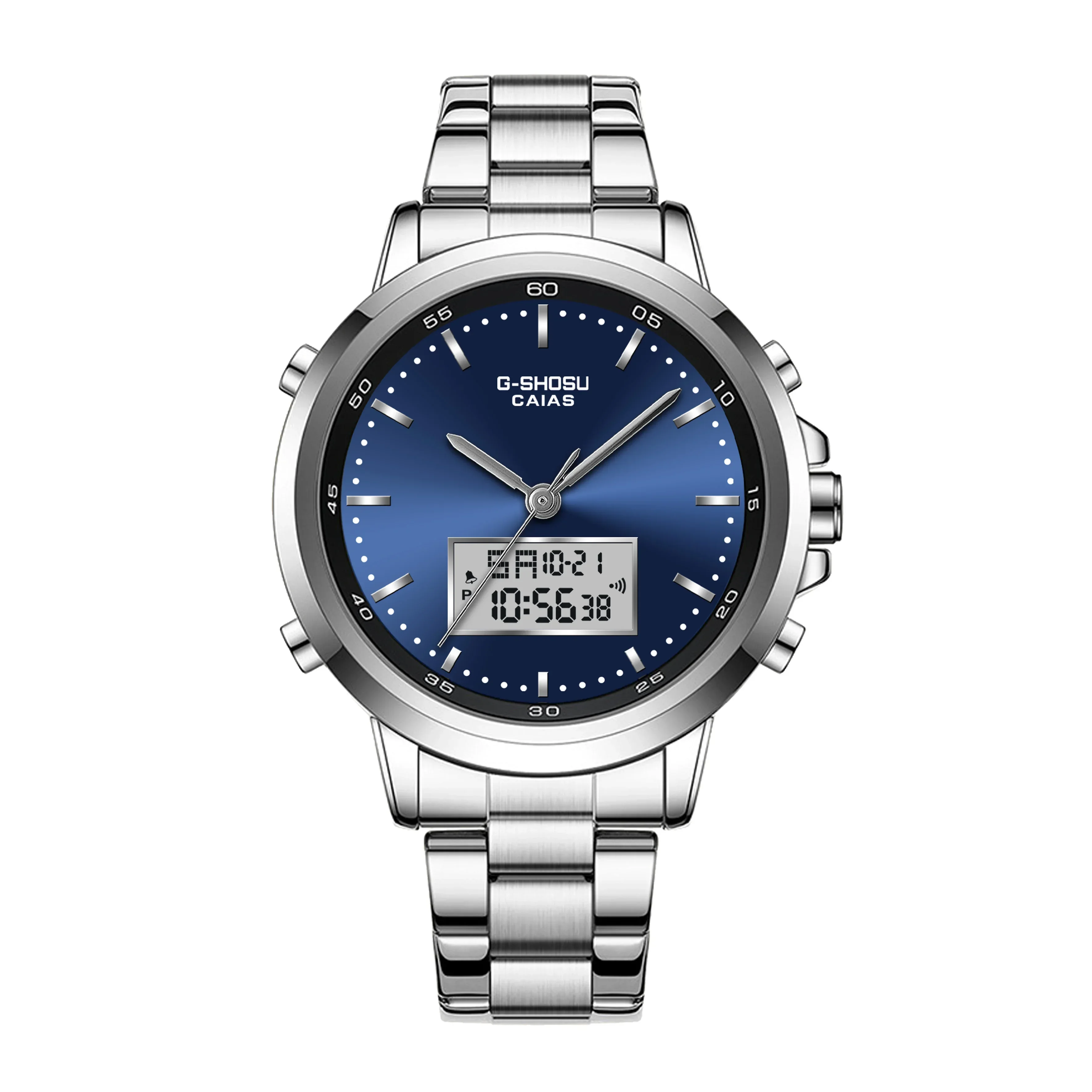 ساعة رياضية رقمية إلكترونية للجنسين مقاومة للصدمات، توقيت عالمي، وظيفة كاملة، شاشة LED مزدوجة، سلسلة من سبائك البلوط