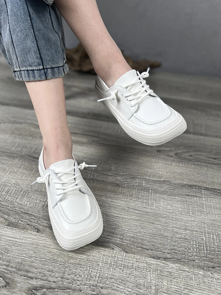 

Birkuir Genuine Leather Flats Shoes Women White Shoes Round Toe Lace Up Students Shoes 2022 New Lace Up Leisure Ladies Shoes INS
