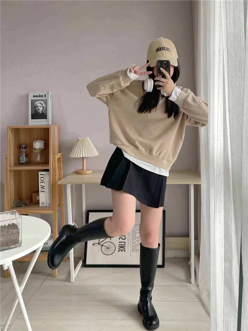 

Повседневная свободная толстовка с длинными рукавами и эффектом двухслойности, женская модная универсальная толстовка свободного кроя в уличном стиле с круглым вырезом