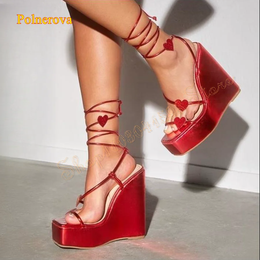 

Thick Soled Flat Toe Red Strappy Leather Sandals Fashion Wedge Shoes for Women Wedding Party Heels 2024 New Zapatos Para Mujere