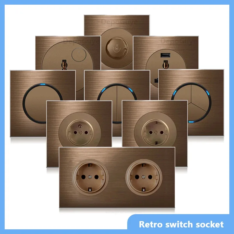 

High quality coffee color universal Retro Eu FR 220V wall light switch,Reset button switch electrical socket with LED indicator