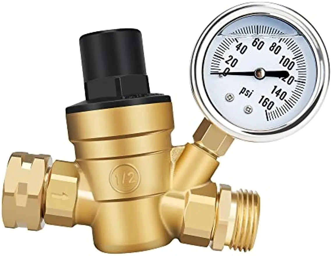 RV Water Pressure Regulator Valve Adjustable Water Pressure Reducer with Gauge and Inlet Screen Filter, Brass Lead-Free