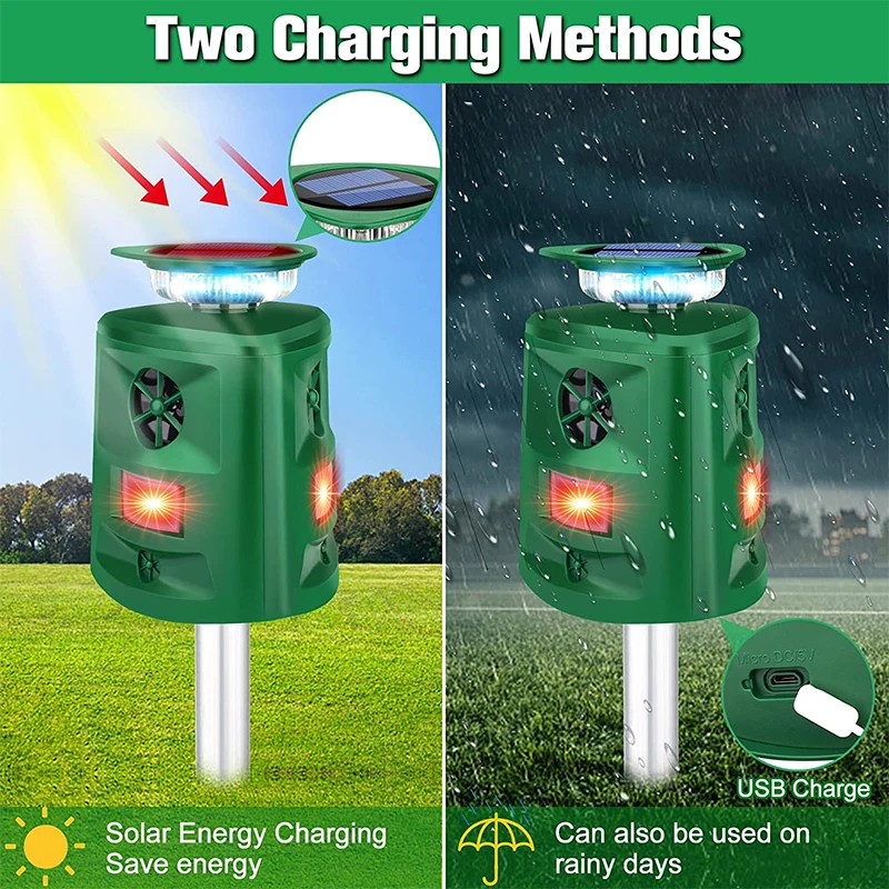 360° Ultrasonic Solar Animal Repellent with LED Flashing Light Animal Scarer Device for Repelente Palomas Bird Cat Mouse Boar