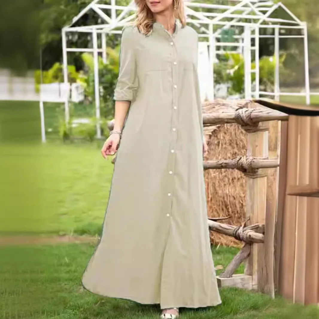 

Women Dress Spring Autumn Solid Color Stand Up Collar Long Sleeved Elegant Simple Loose Multi Breasted Cardigan Long Irregular