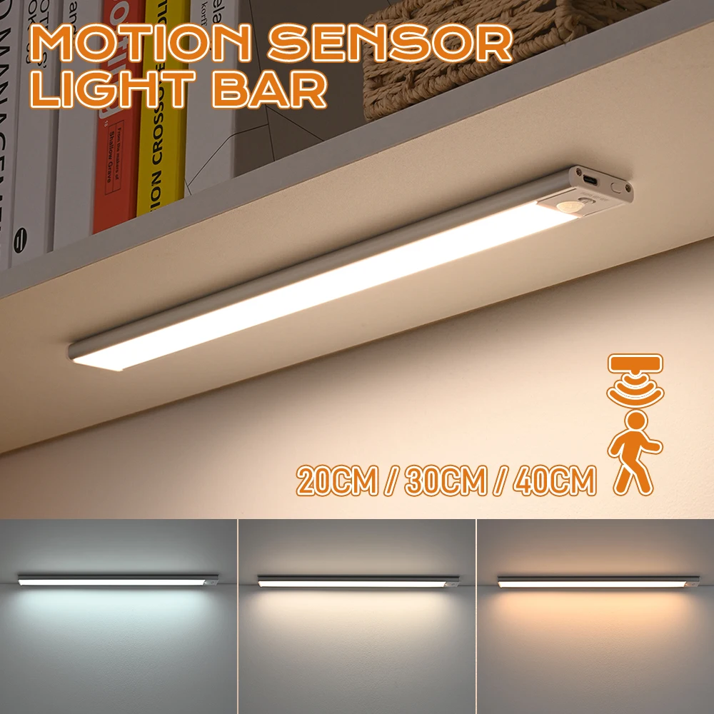 LED Light Bar Motion Sensor Lamp Cabinet Light Bar 20cm 30cm 3Color Adjustable Led Light Type C Rechargeable Dimmable Night Lamp