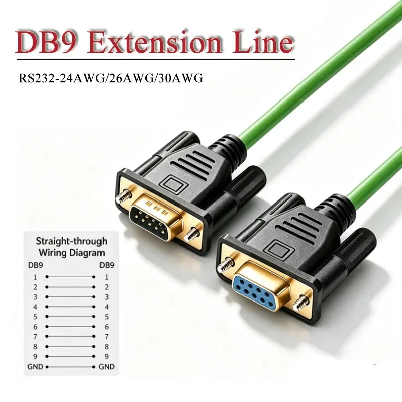 DB9 RS232 Serial Extension Wire 9-Pin COM Data Cable 24/26/30AWG Straight-Through Male to Female Copper Core with Shielding Line