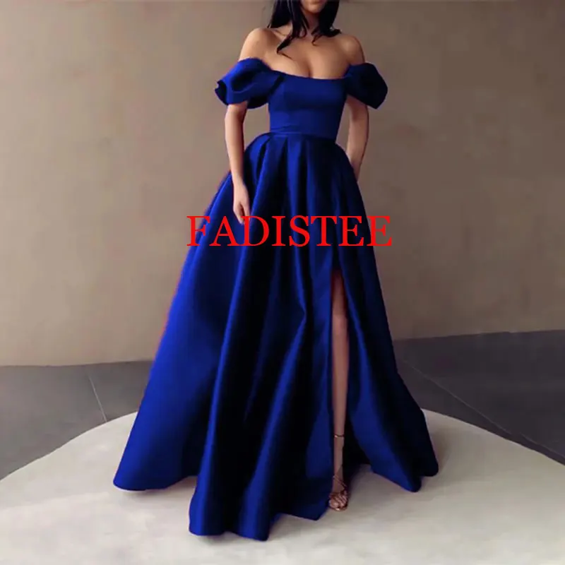 Royal Blue Satin Prom Dresses Strapless Off the Shoulder Split Evening Dresses Pleated A-Line Long Formal Gowns