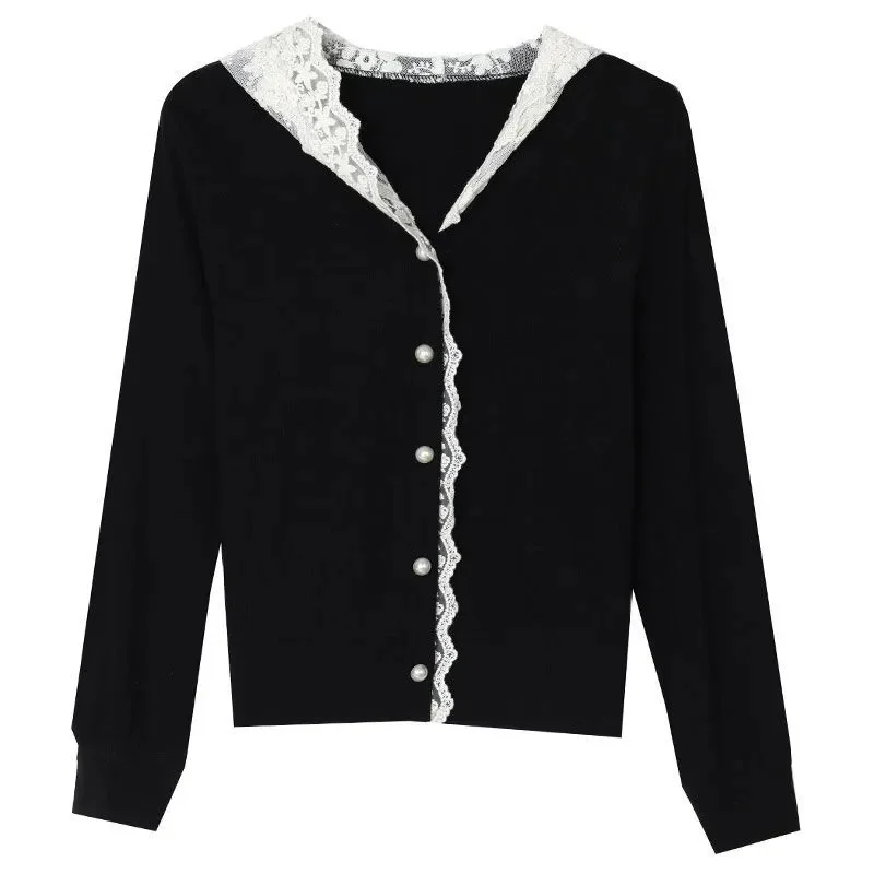 

Новый вязаный кардиган с капюшоном для женщин 2026 года: тонкий, с кружевными вставками, длинными рукавами, универсальный топ на весну, лето, осень